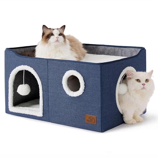 Bedsure Extra-Wide Cat House for Indoor Cats - Large Cat Cave for Pet Cat House with Fluffy Ball Hanging and Scratch Pad, Foldable Cat Hideaway for Multi Cats, 23.6x16.9x13 inches, Blue