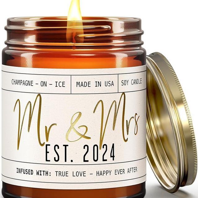 Wedding Gifts for Couples 2024, Mr and Mrs Gifts - 'Mr & Mrs Est. 2024' Candle, w/Champagne on Ice I Unique Newlywed Wedding Gifts for Couple I Wedding Shower Gifts Bride & Groom I 50Hr Burn,USA Made