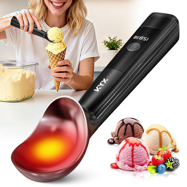KYX Heated Ice Cream Scoop, Electric Ice Cream Scoop with 3 Temperature Settings, 3200mAh Battery, ON/OFF and LED Display, Ideal for Scooping Hard Ice Cream, Gelato & Frozen Desserts