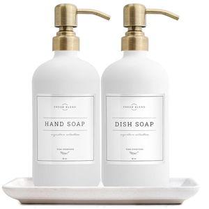 Vine Creations Glass Soap Dispenser, 2 Pack Kitchen Soap Dispenser Set with Ceramic Tray, Matte White & Brushed Brass