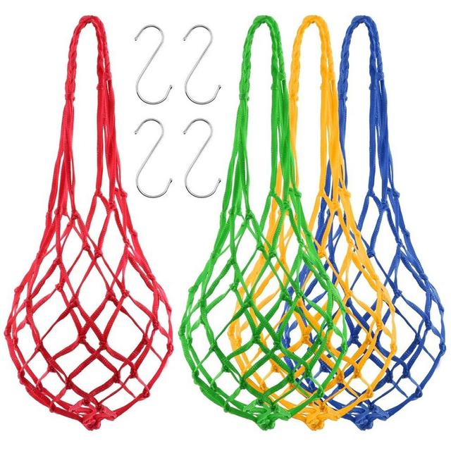 Ranjaner 4pcs Chicken Vegetable Hanging Feeder Polyester Chicken Vegetable String Bag with Metal Hooks in Coop Veggies Holder Feeding for Poultry, Hens, Duck(4 Colors)