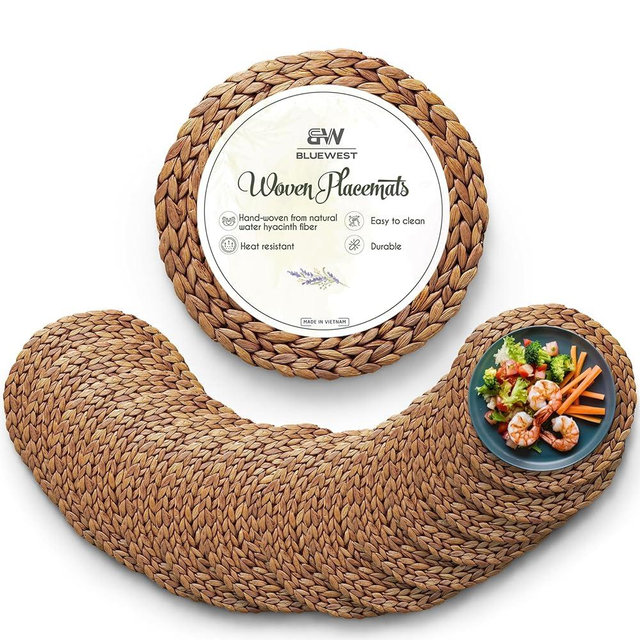 (Sizes: 12"-13"-14") BLUEWEST Woven Placemats Set of 14, Brown Round Rattan Water Hyacinth Table Mats, Braided Heat-Resistant & Anti-Slip Design for Dining Table (13'')