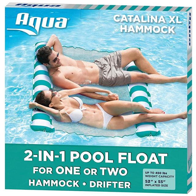 Aqua Catalina XL Hammock, 4-in-1 Multi-Purpose Inflatable 1-2 Person Pool Float, Water Lounge, Teal/White Stripe