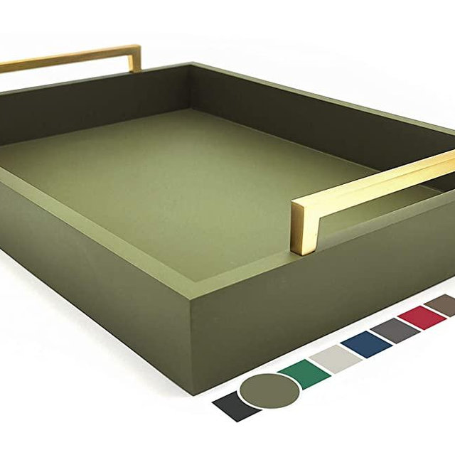 Montecito Home Decorative Coffee Table Tray - Ottoman Tray - Breakfast, Drinks, Liquor Serving Platter - from Farmhouse to Modern - Matte Finish - Champagne Gold Handles - Loden Green