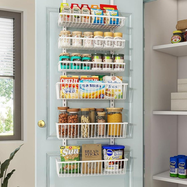Mefirt Over The Door Pantry Organizer, Pantry Organization and Storage, 6-Tier Deep Baskets Hanging Heavy-Duty Metal, Wall Spice Rack Seasoning Shelves for Home & Kitchen, Laundry Room Bathroom, White