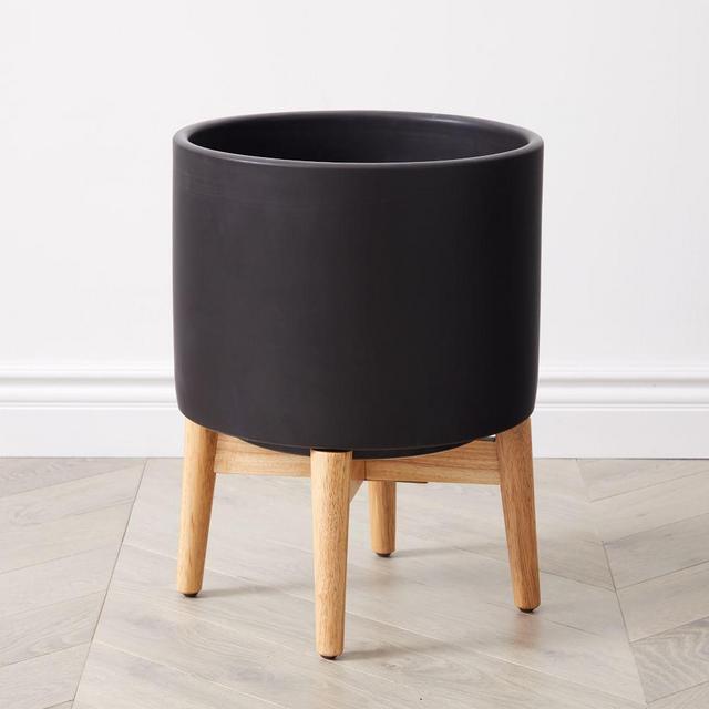 Mid-Century Turned Wood Leg Planters, Black, 18"