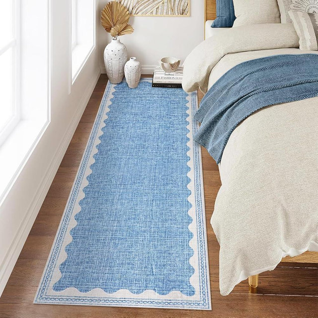 CAREMEE Scalloped Rug 2x6 Runners for Hallways, Solid Blue Runner Rug Non Slip Scalloped Bath Runner, Washable Rugs for Bedroom Girls, Rugs for Kitchen Floor Soft Dorm Nursery Carpet for Bedside