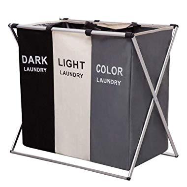 135L Laundry Cloth Hamper Sorter Basket Bin Foldable 3 Sections with Aluminum Frame 26''×24''H Washing Storage Dirty Clothes Bag for Bathroom Bedroom Home (3 Liner)