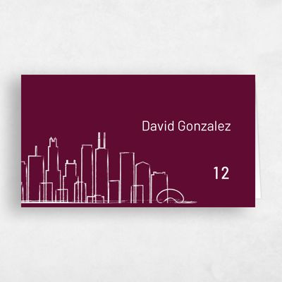 Burgundy, Red Wedding Place Card - Chicago Skyline