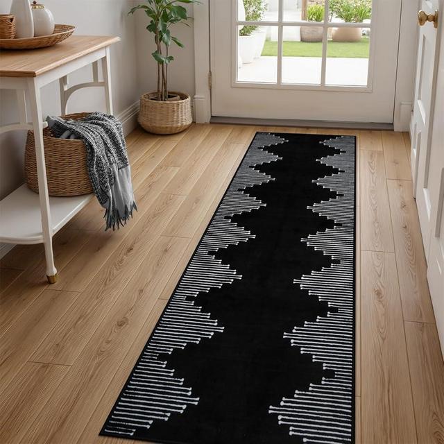Seavish Black Runner Rug 2x6 Kitchen Runner Rugs Non Skid Washable Low Pile Thin Rugs for Entryway Indoor Bohemian Stripe Hallway Runner Rug Non Shedding Boho Floor Carpet Runner for Bedroom Laundry
