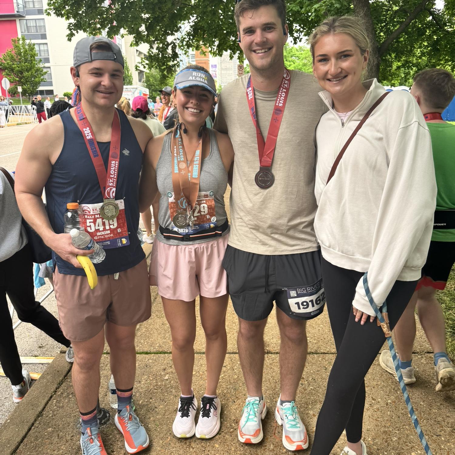 Apr 2025: We ran the St Louis Marathon! Jk, Sam ran the 10k, and Jackson ran the half with Carson. Kennedy was smart enough not to run