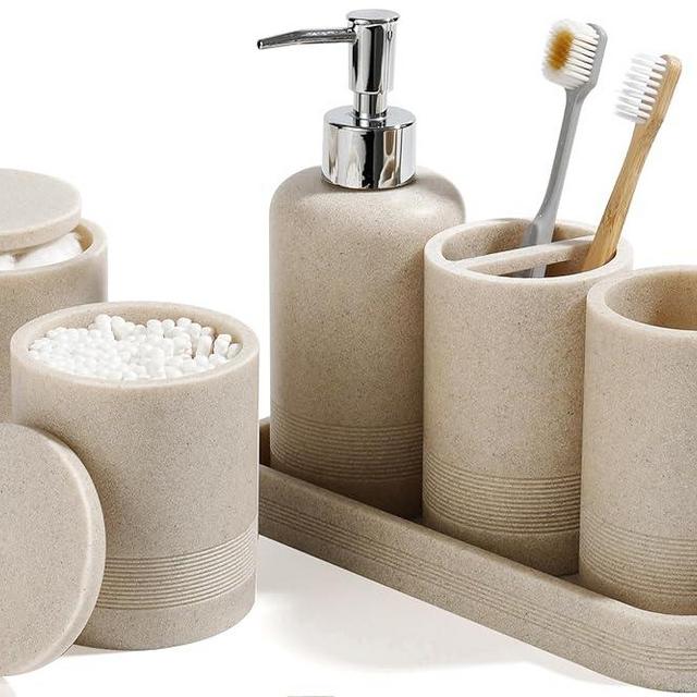 YMXYJM Bathroom Accessories Set, 6-Piece Bathroom Accessory Set, Toothbrush Holders Set, Soap Dispenser, Vanity Tray, Tumbler, Cotton Swab Jars, Bathroom Organizer for Modern Bathrooms - Beige