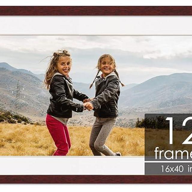 12x36 Frame with Mat - Brown 16x40 Frame Wood Made to Display Print or Poster Measuring 12 x 36 Inches with White Photo Mat