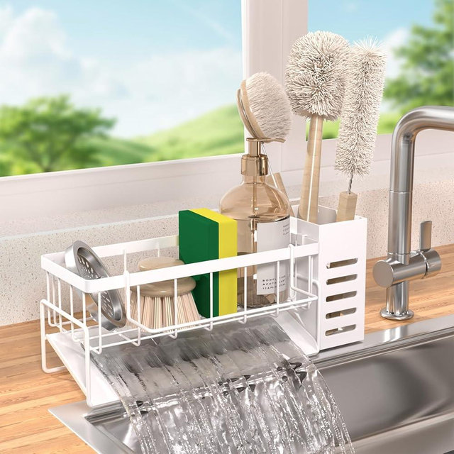 NAT MEYA Kitchen Sink Caddy Organizer,Stainless Steel Sponge Holder with Dish Brush Holder,Soap Caddy for Countertop,Kitchen Sink Organizer Countertop Sink Accessories,Cleaning Caddy
