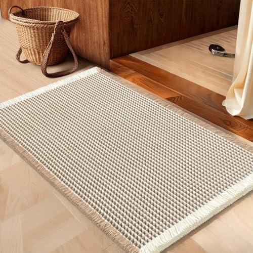 IM HOME Waffle Bath Mat Brown & Cream 32"x20", Boho Woven Modern Bath Mat Rugs, Absorbent Non Slip Bathroom Rugs, Soft Washable Bath Rugs with Tassels for Bedroom, Kitchen, Shower, Tub