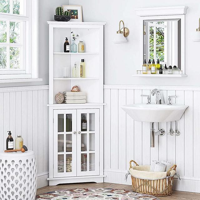Spirich Home Bathroom Tall Corner Storage Cabinet, Floor Slim Display Storage Cabinet with Glass Doors and Adjustable Shelves for Bathroom, Kitchen, Living Room or Bedroom, White