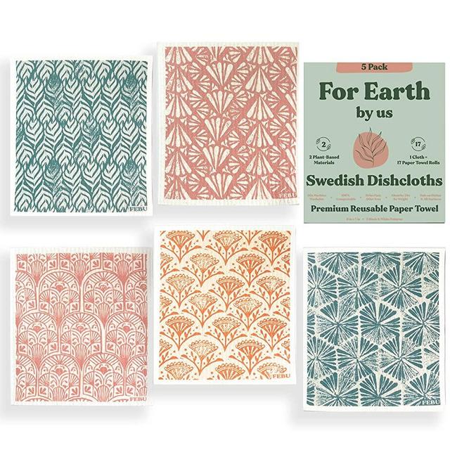 FEBU Swedish Dishcloths for Kitchen | 5 Pack Stamps Swedish Dish Towels | Cellulose Sponge Cloths | Non Scratch Reusable Paper Towels | No Odor, Biodegradable and Reusable Kitchen Dish Rags