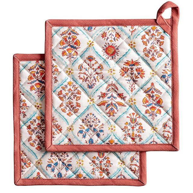 Maison d' Hermine Romane 100% Cotton Set of 2 Pot Holders with Loop Perfect for BBQ Cooking Baking Grilling Microwave Barbecue (8"x8")