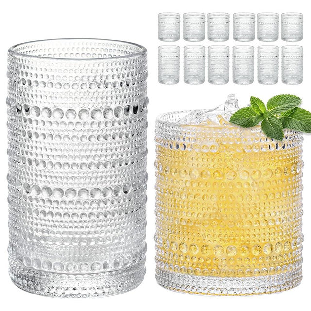Moretoes Hobnail Drinking Glasses Set of 12, Vintage 15 Oz Highball Glasses & 10 Oz Cocktail Glasses, Clear Embossed Boho Glass Cups Kitchen Bar Tumbler Glassware Set for Whiskey, Beer, Juice, Milk