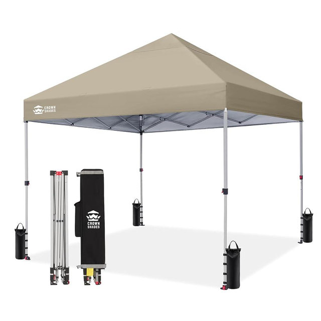 CROWN SHADES 8x8 Pop Up Canopy - Beach Tent with One Push Setup - Easy Outdoor Sun Shade for Events, Parties, Camping - Gazebo with STO-N-Go Cover Bag, Silver Coated Top, Beige
