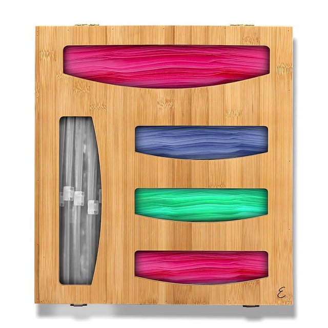 Emeril Lagasse Bamboo Bag Storage Organizer – 5-Compartment Food Storage Bag Holder for Kitchen Drawers & Countertops – Durable Bamboo, Universal Fit for Slider & Zipper Bags