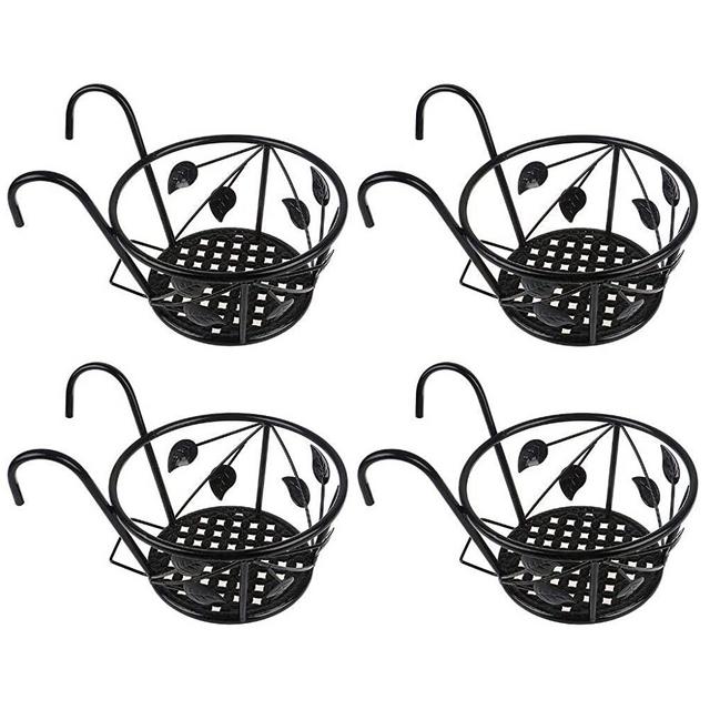 Welecom 4 Pack Balcony Hanging Railing Planters Basket Art Flower Pot Holders Plant Iron Racks Fence Planters for Railings Metal Potted Stand Mounted Round Plant Baskets Shelf,Steel Hanging Planters