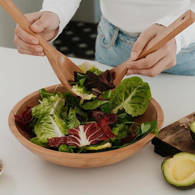 KIBAGA Extra Large Wooden Salad Bowl Set With Serving Utensils - A Beautiful Party Salad & Fruit Bowl With Serving Spoons Perfect for Your Dinner Party - Decorative & Practical Kitchen Must-Have