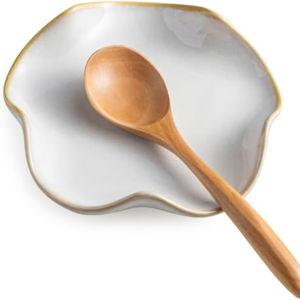 Spoon Rest for Stove Top, Spoon Holder for Stove, 5.3In Ceramic Spoon Rest for Kitchen Counter, Coffee Spoon Holder with Ruffled Edge, Farmhouse Spatula Holder for Kitchen Decor, Beige