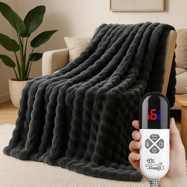 Electric Heated Weighted Blanket Throw 50"x60" Grey Ultra Soft Luxury Fluffy Faux Rabbit Fur Machine Washable 6 Heat Settings 4 Hours Auto Off Overheat Protection for Home Office Use