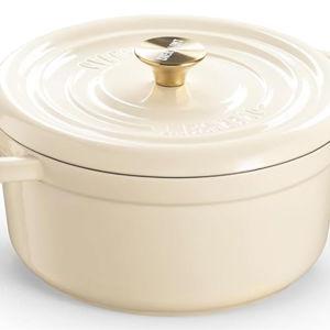Overmont Enameled Cast Iron Dutch Oven - 5QT Pot with Lid Cookbook & Cotton Potholders - Heavy-Duty Cookware for Braising, Stews, Roasting, Bread Baking white
