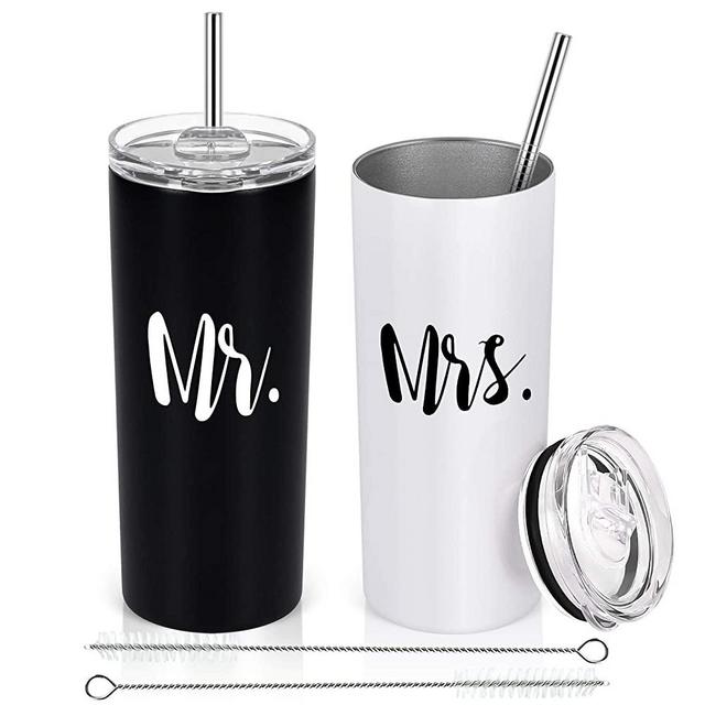 Gingprous 15 Oz Mr and Mrs Skinny Tumbler, Mr Mrs Tumblers Wedding Gift for Newlyweds Couples Bride His and Her Bridal Shower Engagement Honeymoon, Stainless Steel Skinny Tumbler with Lid and Straw