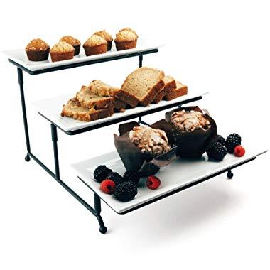 Food Serving Tray Set: 3 Tier Metal Display Stand with 3 White Rectangular Stoneware Platters | Perfect for Party Foods, Desserts, Cakes & Cupcakes by Chef's Medal