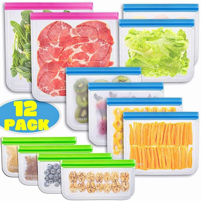 Reusable Storage Bags - 12 Pack BPA FREE Freezer Bags Food Container Ziplock for Sous Vide Liquid Lunch Snack Sandwich Marinate Meat Fruits Cereal Zip Lock Size Gallon Large Plastic Containers