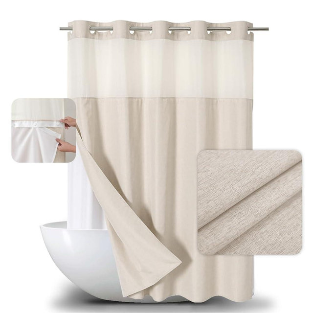 eachope No Hooks Needed Linen Textured Shower Curtain with Snap-in Fabric Liner Set,Cream Hotel Luxury Decor Shower Curtains for Bathroom,Waterproof & Washable,71Wx77H