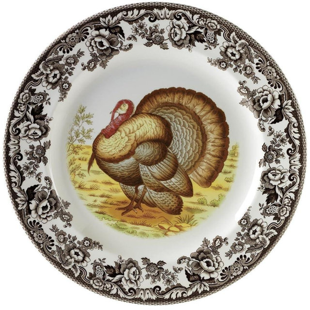 Spode Woodland 10.5" Dinner Plates, (Set of 4) - Turkey Design, Thanksgiving Tableware - Fine Earthenware, Dishwasher & Microwave Safe, Classic Floral Pattern - Hunting Cabin, Lodge, Cottage Décor