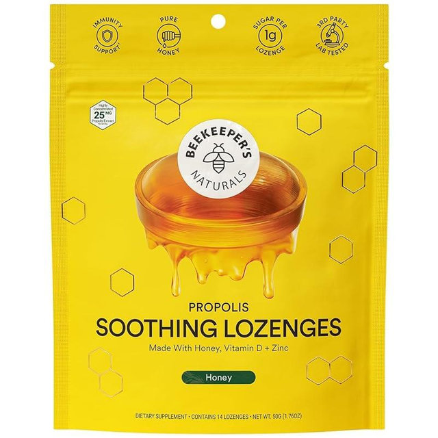 Soothing Honey Cough Drops - Immune Support with Vitamin D, Zinc and Propolis - by Beekeeper's Naturals - Throat Soothing Lozenges, 14 Ct