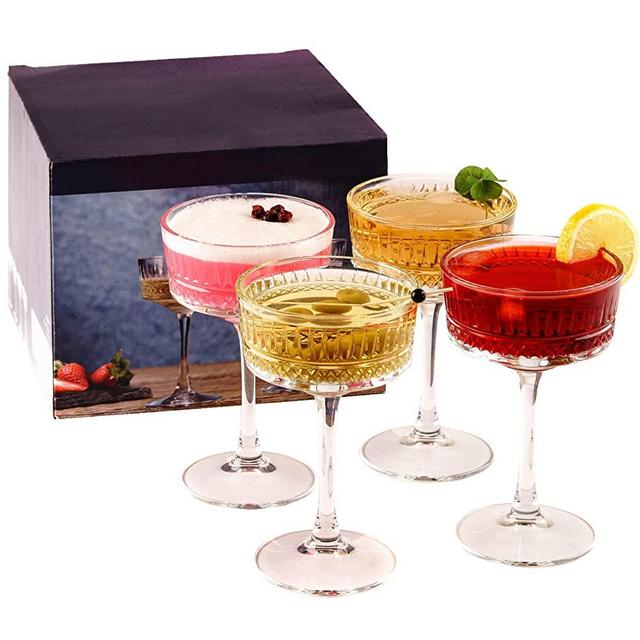 The Buybox Vintage Coupe Glasses Set of 4. Champagne, Cocktail, Martini, Wine Glasses, Long Stem Glassware, (8.8oz/260ml)