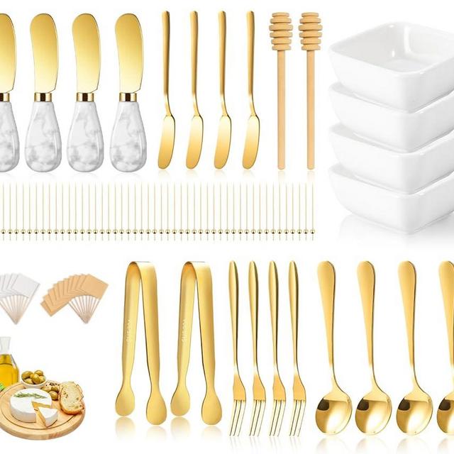 Charcuterie Board Accessories With 3 Oz Ceramic Dip Bowls, Ceramics Handle Gold Cheese Spreader Butter Knive Set Kit, Mini Tongs, Spoons, Forks,Honey Dipper, Cocktail Picks
