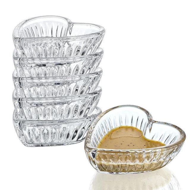 kanpura Mini Glass Bowls, Heart-shaped Prep Bowl, Dishwasher Safe, Pinch Bowls for Dipping Spices Sauce, Stackable, 2 oz, Set of 6, (Clear)