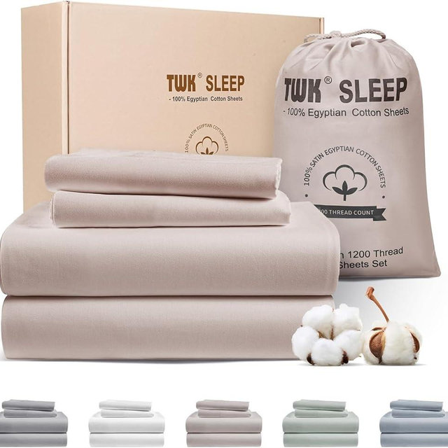 TWK 1200 TC 100% Egyptian Long-Staple Cotton Bedding Sheets Set, Luxury Hotel Style Deep Pocket with Elastic Reinforced Seams Sheet Set, Soft & Comfy Natural Sheets(Sand King)