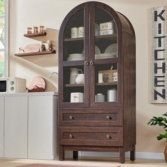IFGET 71" Tall Arched Kitchen Pantry Cabinet, Wood Kitchen Storage Cabinets with 2 Large Drawers and Adjustable Shelves, Modern Farmhouse Versatile Cupboard for Kitchen, Dining Room, Bathroom, Brown