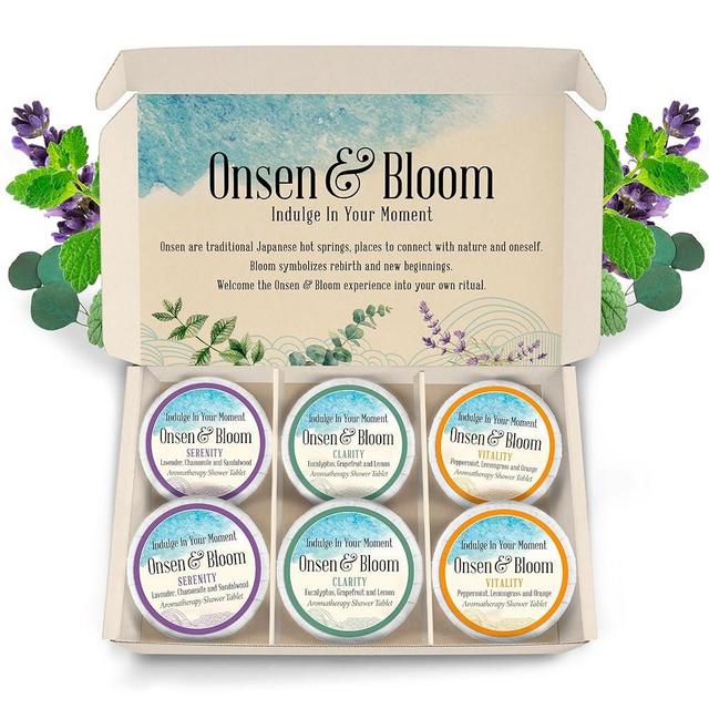 Onsen & Bloom Shower Steamers - Refreshing Shower Bombs Aromatherapy with Essential Oils, Box of 6 Shower Steamer, 2 Shower Tablets Per Blend- Mothers Day Gift - Teachers Day Gift