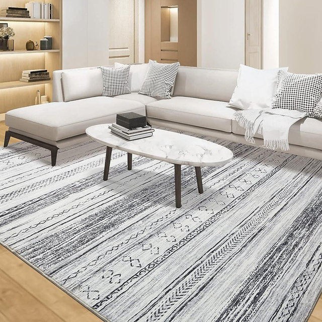 Area Rug Living Room Rugs - 8x10 Washable Large Soft Neutral Boho Moroccan Bohemian Farmhouse Rug Indoor Floor Carpet for Bedroom Under Dining Table Home Office Decor - Grey