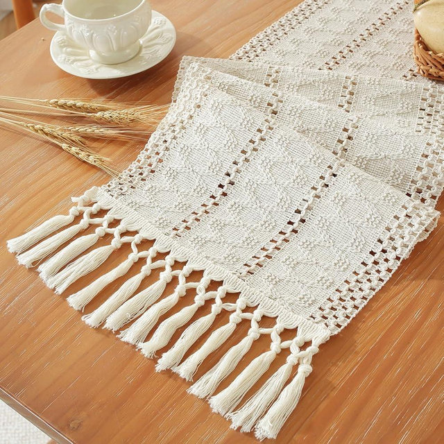 Boho Table Runner, Farmhouse Table Runners 72 Inches Long, Cotton Linen Rustic Table Runner, Macrame Table Decoration for Holiday Party, Wedding and Dining, 72 Inches, Ivory