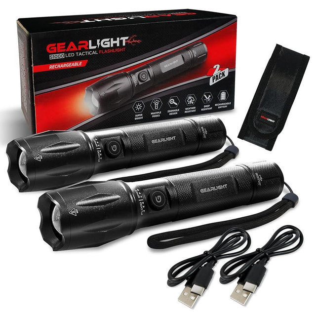 GearLight S1000 Rechargeable LED Tactical Flashlight – 2 Pack, High Lumens, USB-C Fast Charging, Dual-Button, Water-Resistant, Pocket-Sized for Camping & Emergencies, with Batteries & Accessories