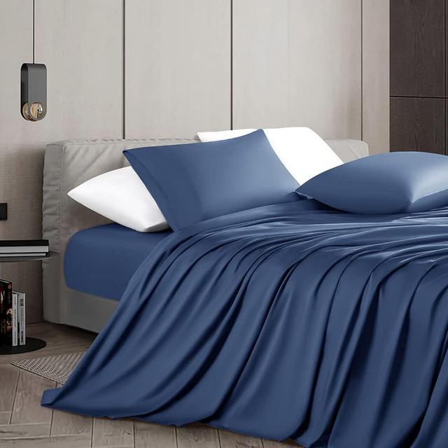 Shilucheng 100% Cotton Queen Size Sheets Set - 1000 Thread Count，Luxury Egyptian Cotton Bed Sheets，Breathable & Smooth Hotel Sheets, 16 Inch Deep Pocket - 4 Piece (Queen, Navy Blue)
