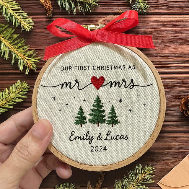 Personalized First Christmas Embroidered Ornament, Newlywed Gift