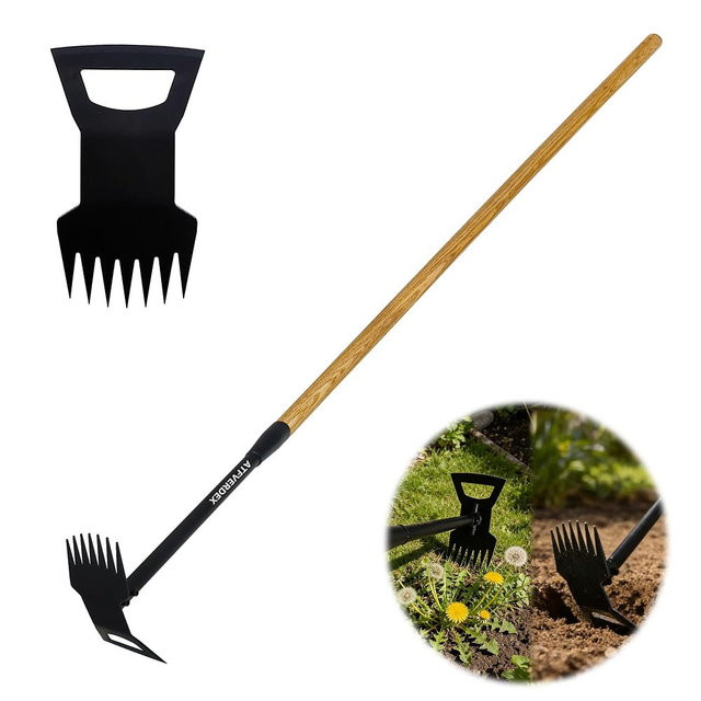60" Wooden Handle 2 in 1 Uprooting Tool,7-Tine Garden Hoe for Weeding,Weed Remover for Yard,Sidewalks,Driveways,and Areas Around Residential Entrance Fences(7-Tooth Wooden Handle)