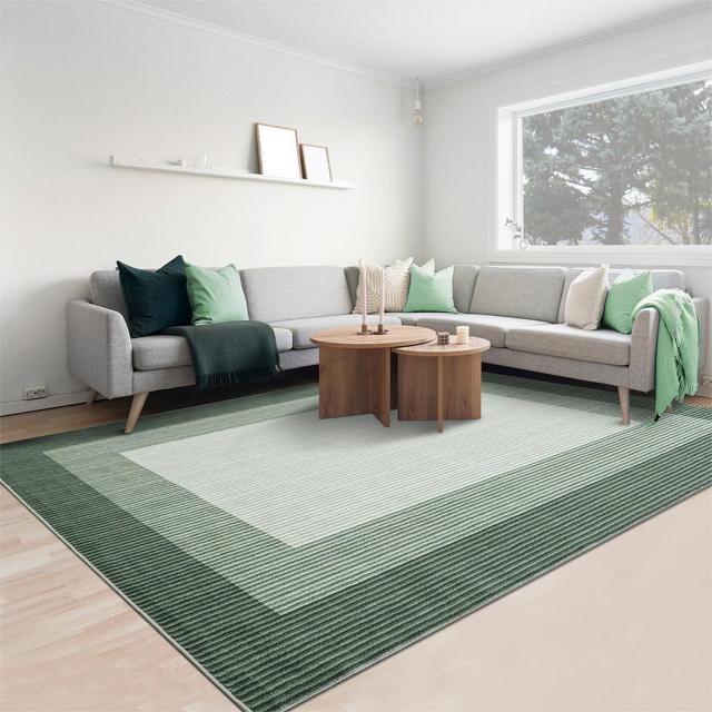 Large Accent Rug 10x13 - Modern Bordered Washable Indoor Carpet with Non-Slip Backing, Green