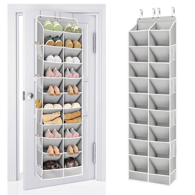 ULG Over The Door Shoe Organizer for Closet Fit 24-32 Pairs with Large Deep Pockets, Narrow Shoe Rack for Door Hanging Boots Storage, Black